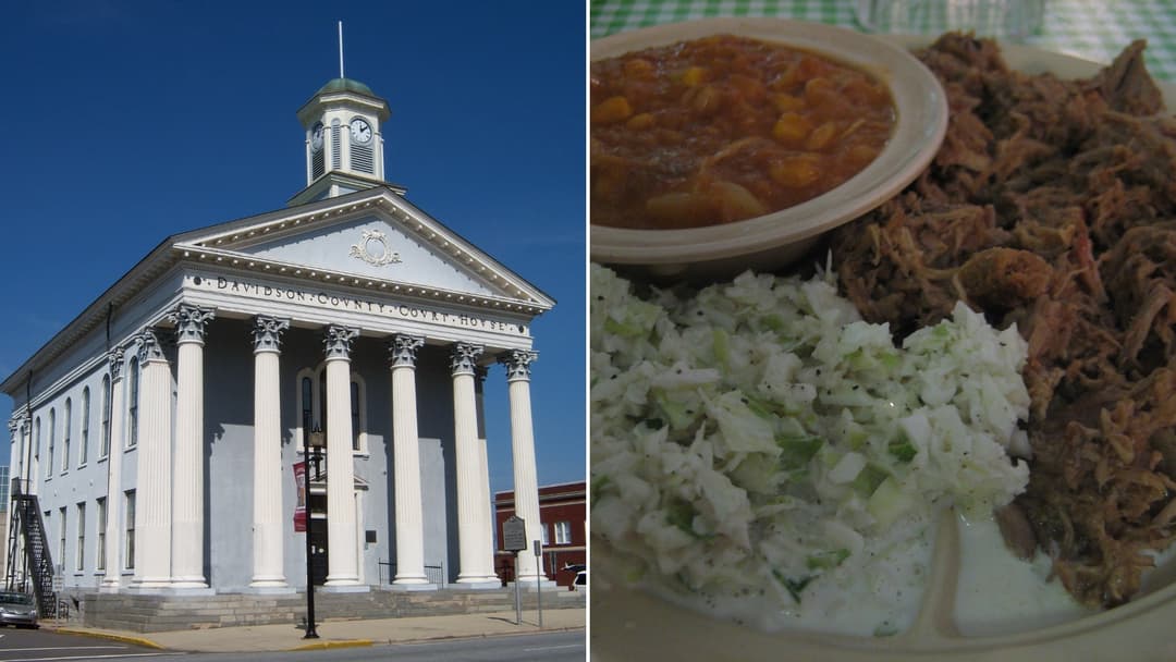 Split view of the historic courthouse in Lexington, North Carolina on the left and wood-smoked North Carolina pork barbecue with slaw on the right.
