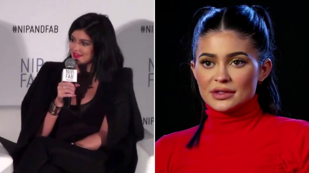 Split view of Kylie Jenner in the mid-2010s King Kylie era on the left and in a sleek modern high-fashion look on the right.