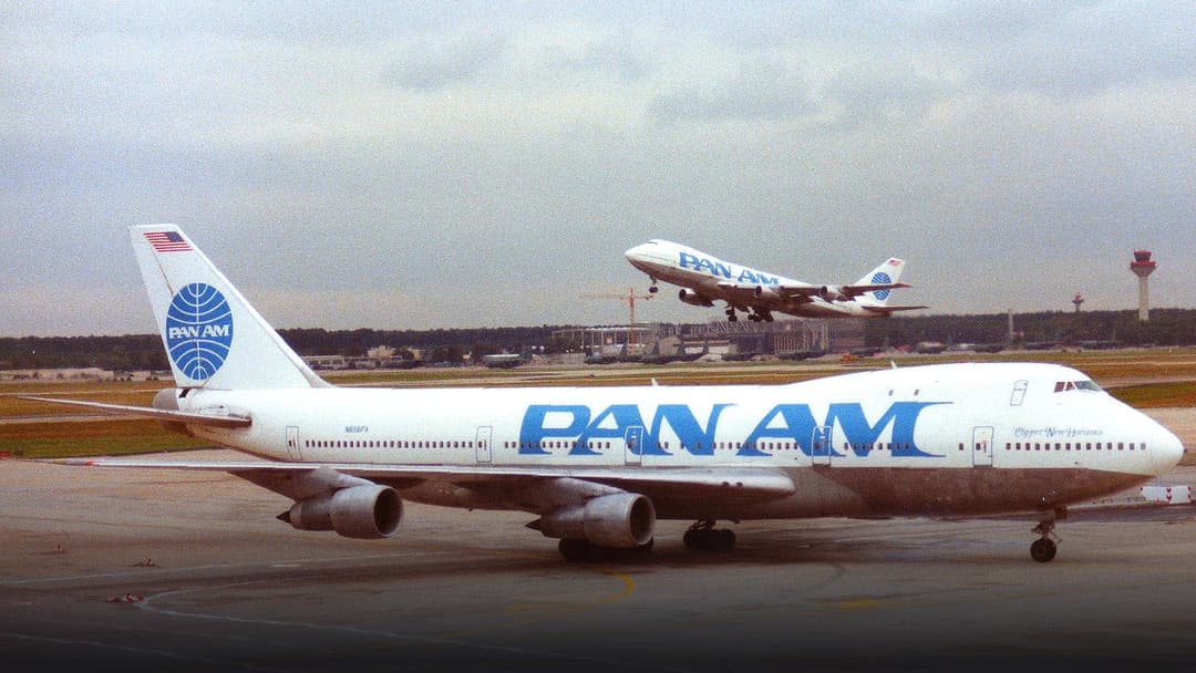 Pan American World Airways Boeing 747 in service at Frankfurt Airport with iconic blue globe tail fin.