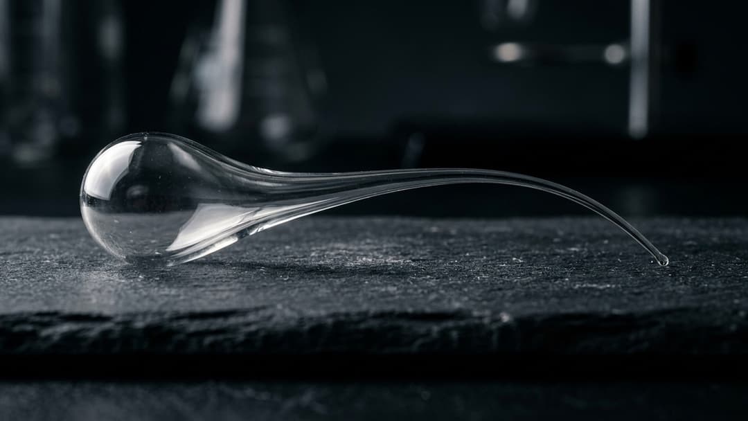 Macro high-speed photograph of a tadpole-shaped glass drop resting on black velvet, showing its bulbous head and hair-thin tail.