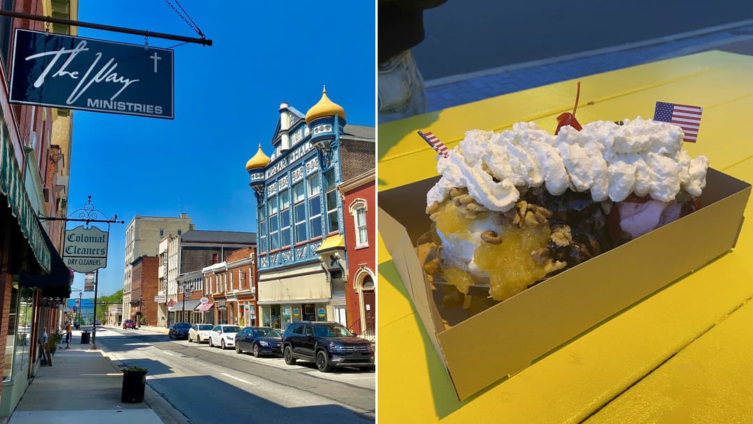 Split view of Main Street in Latrobe, Pennsylvania on the left and a classic triple-scoop banana split sundae on the right.