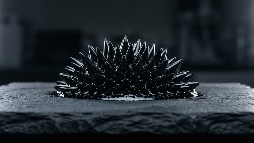 Macro shot of glistening jet-black liquid metal forming hundreds of sharp, needle-like geometric spikes over a cylindrical magnet.