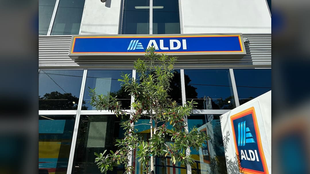 Exterior storefront photograph of Aldi location in the United States.