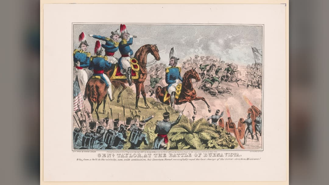 Hand-colored lithograph of General Zachary Taylor on horseback commanding US forces at the Battle of Buena Vista.