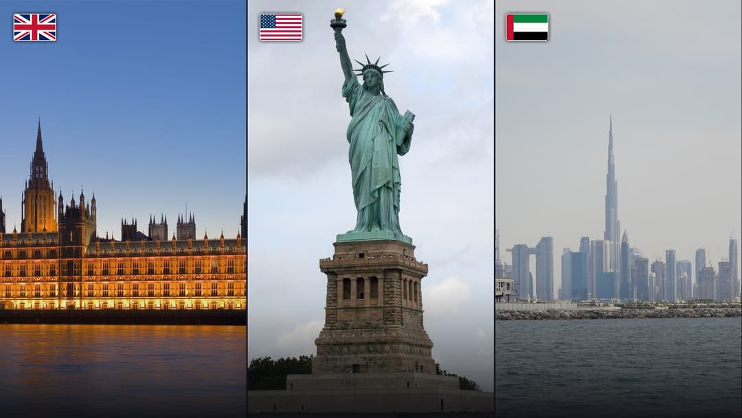 Editorial collage featuring iconic global monuments: Big Ben and the Palace of Westminster, the Statue of Liberty, and the Burj Khalifa, with national flags.