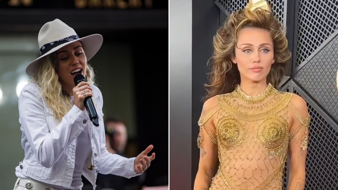 Split view of Miley Cyrus in her mid-2010s retro era on the left and at the Grammy Awards in 2024 on the right.