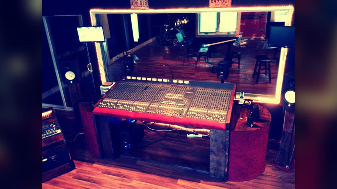 Recording studio control room mixing board