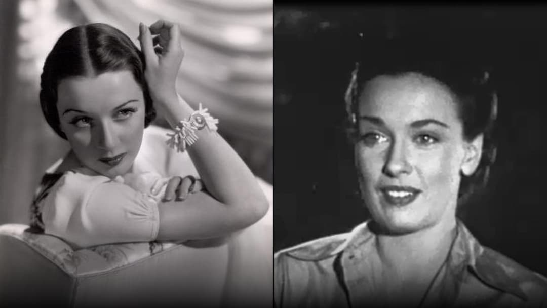 Comparison portrait of Patricia Morison in a glamorous 1940s Paramount headshot on the left and in a 1947 film role on the right.