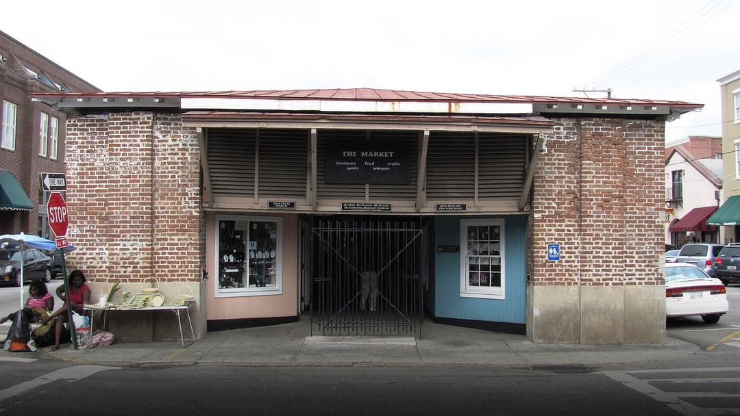 Historic brick open-air market sheds of the Charleston City Market in South Carolina.