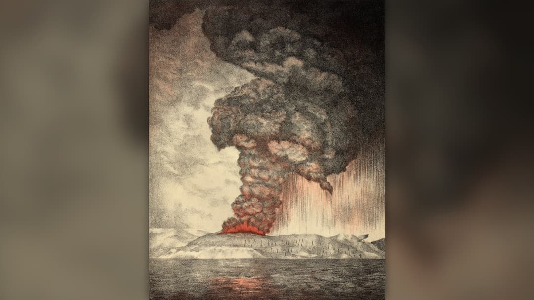Historical 1888 Royal Society lithograph depicting the fiery ash column of Krakatoa in 1883.