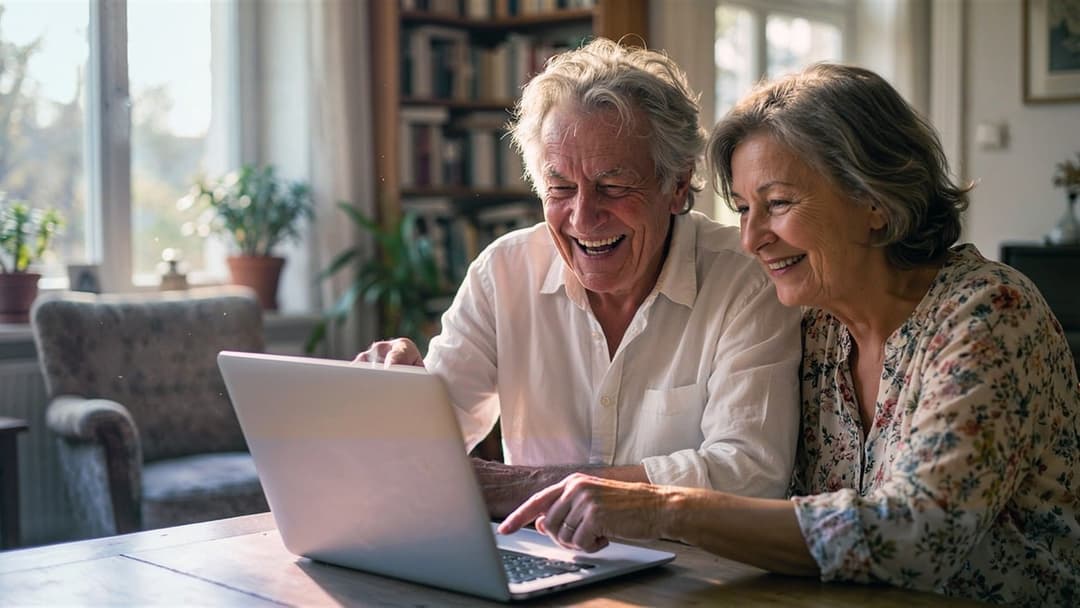 Older married couple laughing joyfully together at a table with matching smile lines