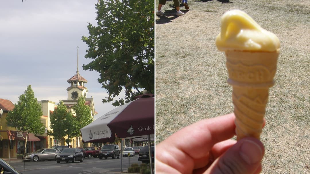 Split view of historic Old City Hall in Gilroy, California on the left and a garlic ice cream cone on the right.