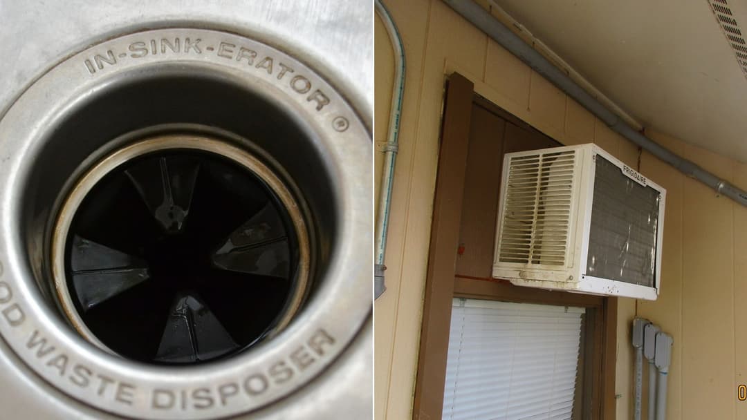 Split screen showing an in-sink garbage disposal drain alongside an exterior window air conditioning unit