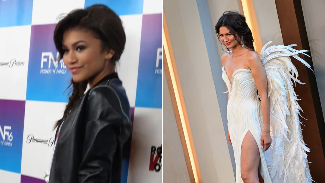 Split view of Zendaya in the mid-2010s on the left and in a high-fashion red-carpet look on the right.