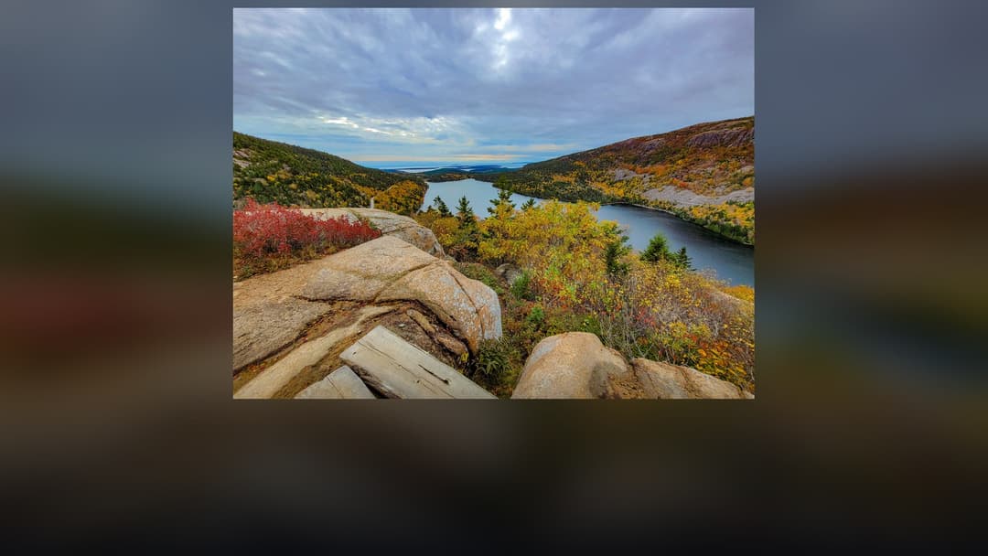 Panoramic landscape vista of Acadia National Park showing natural geological formations, terrain, and wilderness.