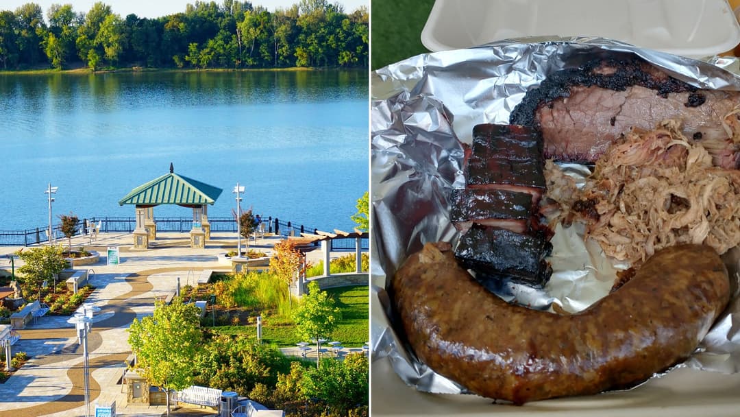Split view of Smothers Park in downtown Owensboro, Kentucky on the left and hickory-smoked barbecue meats on the right.