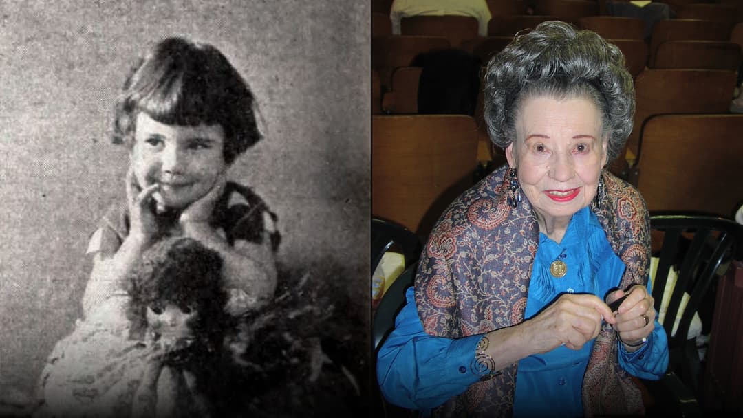 Side-by-side portrait of Baby Peggy as a 1922 silent child megastar on the left and as an author and cinema historian in 2012 on the right.