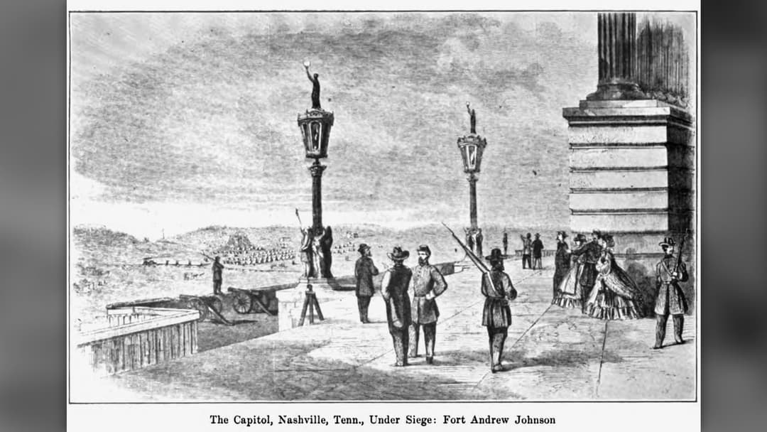 Historical illustration of the fortified Tennessee State Capitol, known as Fort Andrew Johnson during the Civil War.