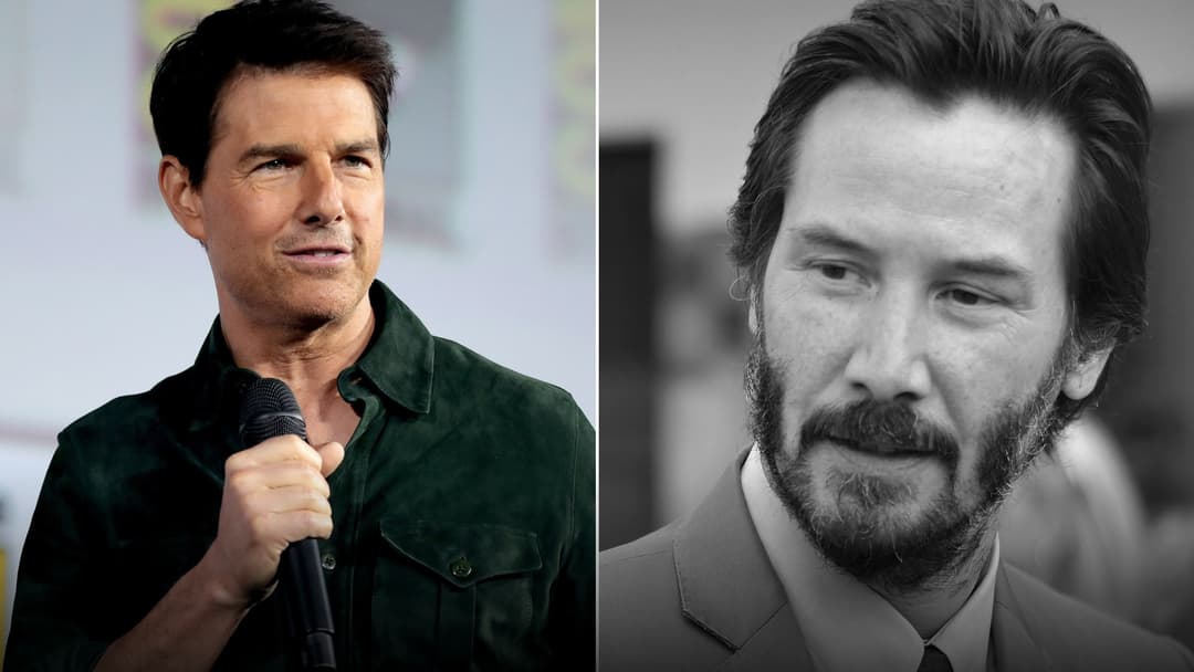 A 50/50 split composition showing Tom Cruise and Keanu Reeves, two of Hollywood's biggest single-film earners.