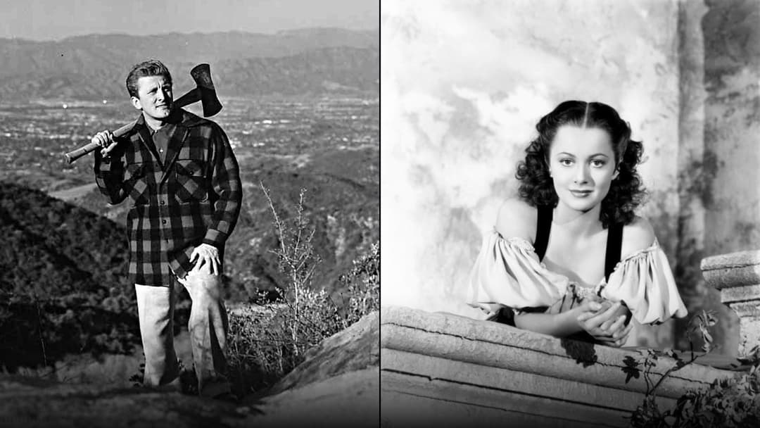 Dual comparison slide featuring young Kirk Douglas holding an axe on a mountain ridge on the left and young Olivia de Havilland on a balcony on the right.