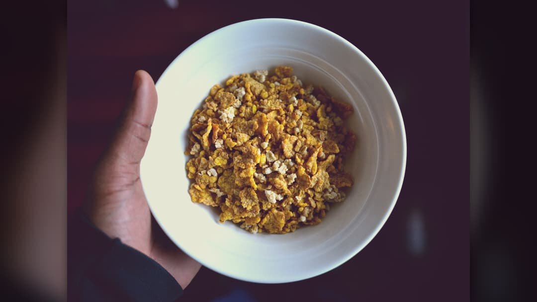 Bowl of sugary breakfast cereal with milk