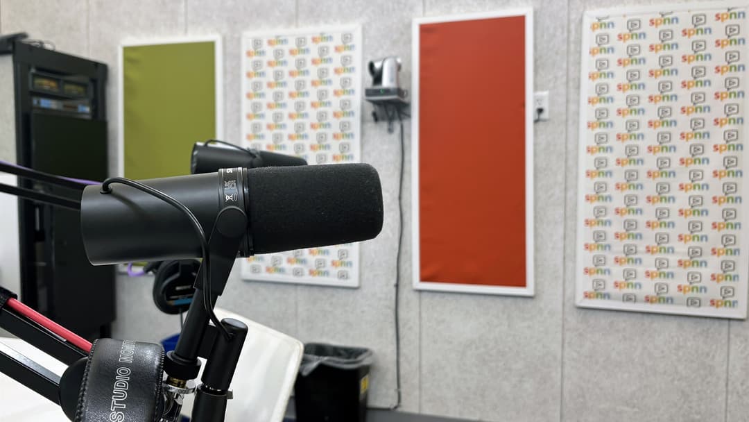 Broadcast microphone and acoustic panels inside a professional podcast production studio