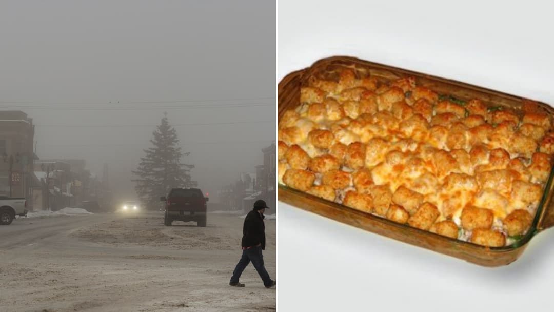 Split view of Main Street in Park Rapids, Minnesota on the left and a baked golden tater tot hotdish casserole on the right.