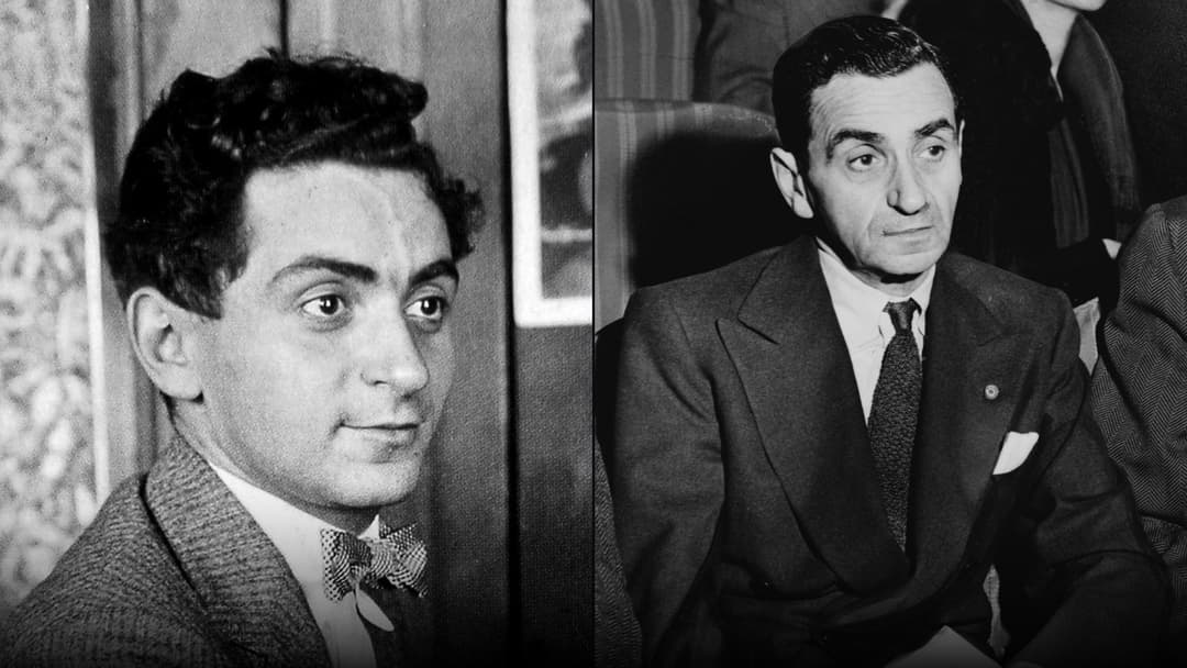 Split screen photo of Irving Berlin showing his young 1906 songwriter portrait on the left and his distinguished later career portrait on the right.