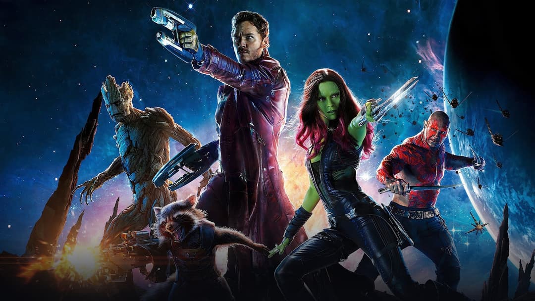 Star-Lord, Gamora, Rocket, Groot, and Drax in Marvel Studios' Guardians of the Galaxy.