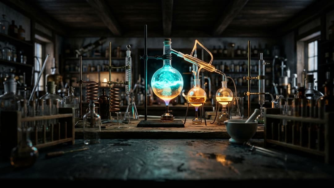 A mesmerizing glass laboratory flask with a luminous chemical reaction glowing bright amber and cyan on a dark slate science bench.