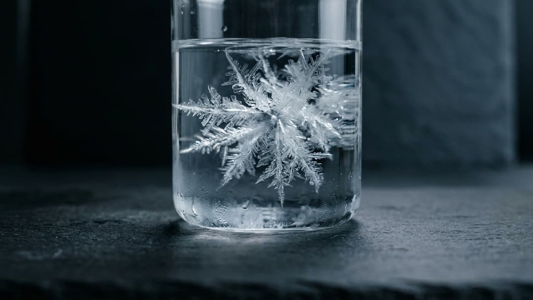 A clear glass bottle of water mid-transformation as sharp crystalline white ice spikes flash-freeze throughout the liquid.