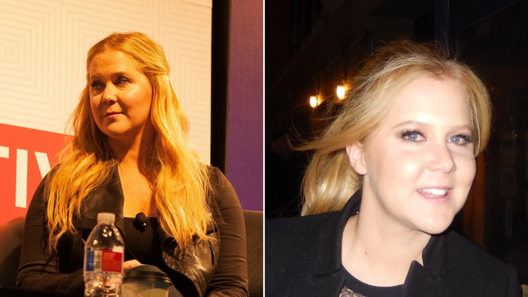 Split view of Amy Schumer at SXSW in 2015 on the left and at Time 100 in 2023 on the right.
