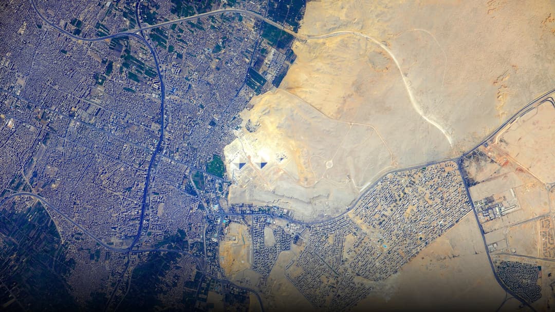 Orbital astronaut and satellite photography of The Great Pyramids of Giza.