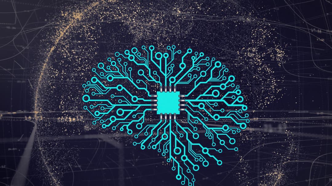 Macro view of an advanced neural network silicon processing die with glowing electronic interconnects.
