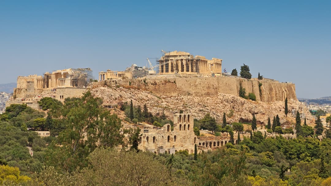 Parthenon temple columns atop the Acropolis hill in Athens