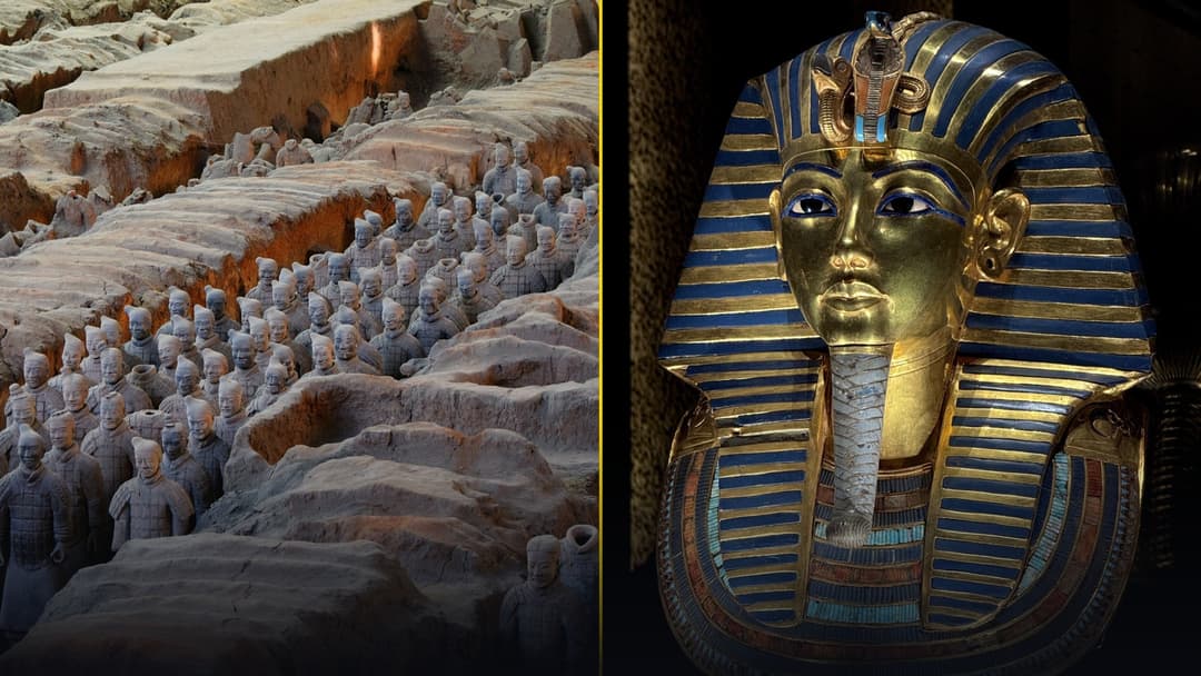 Gold funerary mask of Tutankhamun alongside the Qin dynasty Terracotta Army.