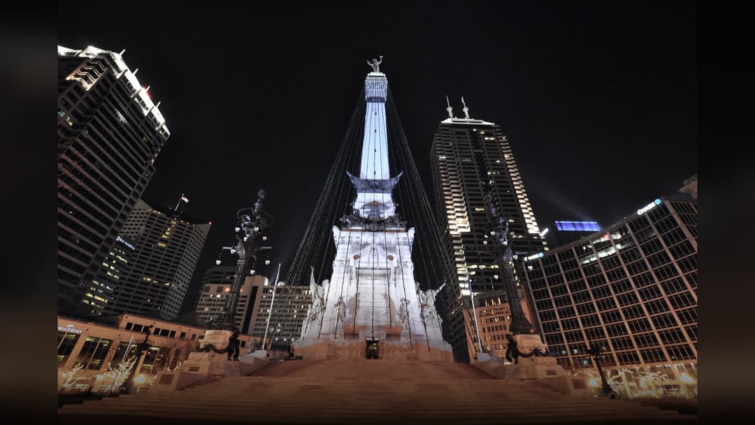 Downtown Indianapolis Indiana skyline and Monument Circle viewed from the downtown canal.