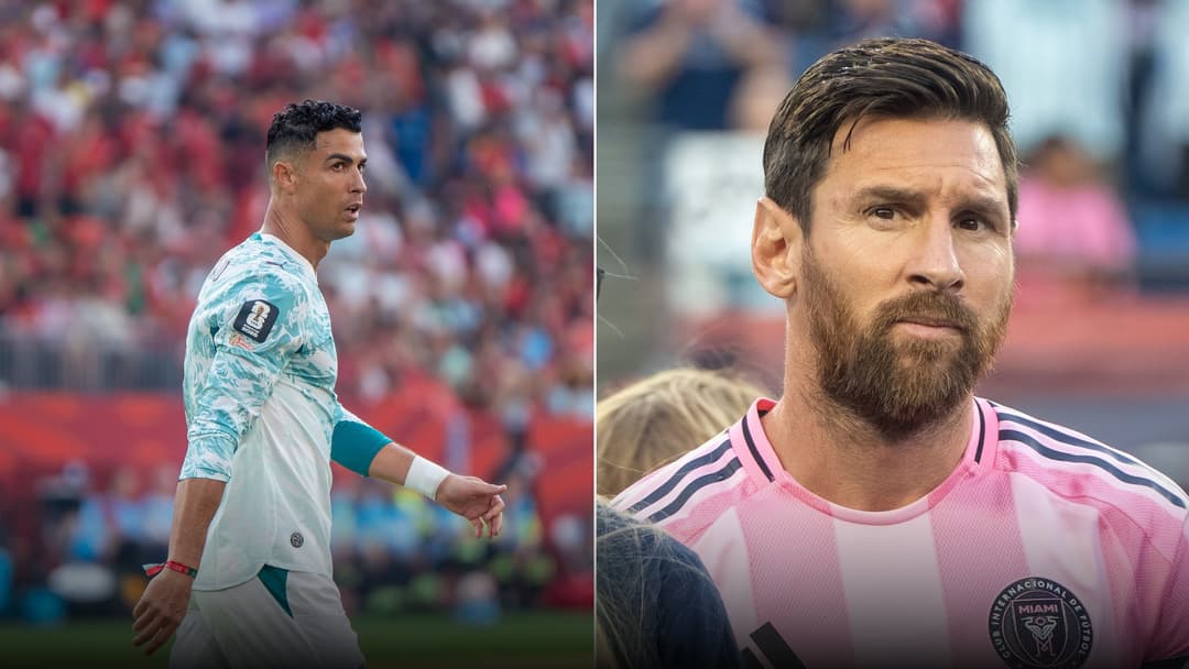 Split screen showing celebratory close-up portraits of Cristiano Ronaldo on the left and Lionel Messi on the right.