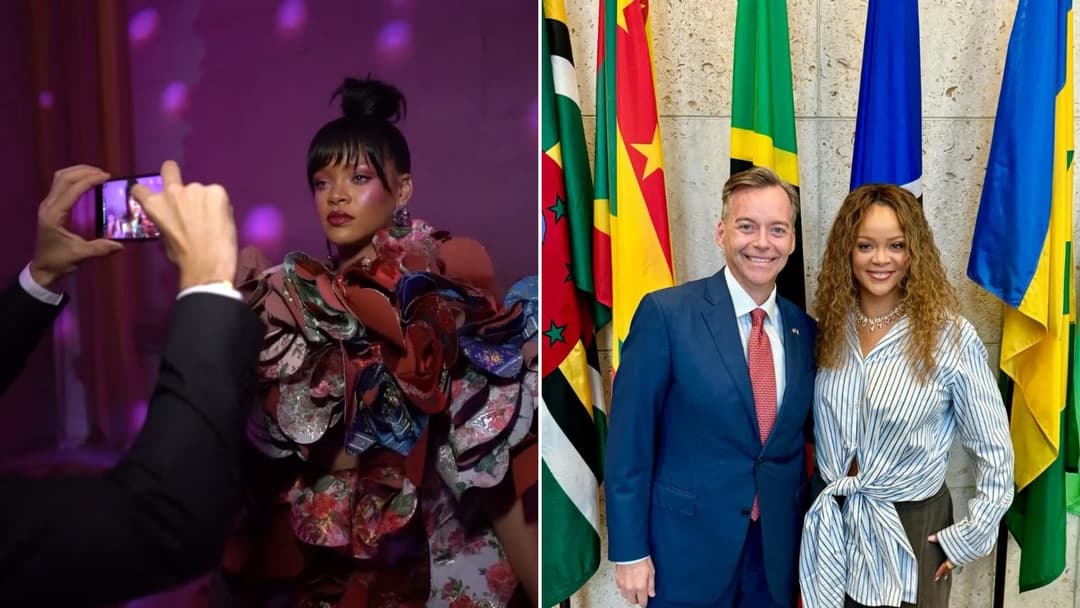 Split view of Rihanna performing on the Anti World Tour in 2016 on the left and in Barbados in 2024 on the right.