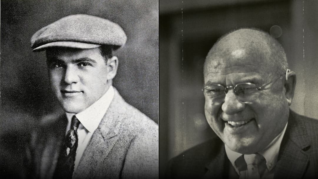 Side-by-side comparison of comedy producer Hal Roach in a 1920 studio portrait on the left and as an elder statesman of comedy on the right.