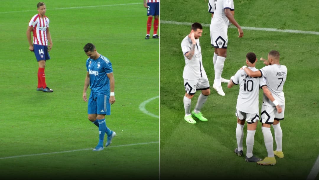 Split screen showing Cristiano Ronaldo competing in marquee global matches and Lionel Messi with PSG.
