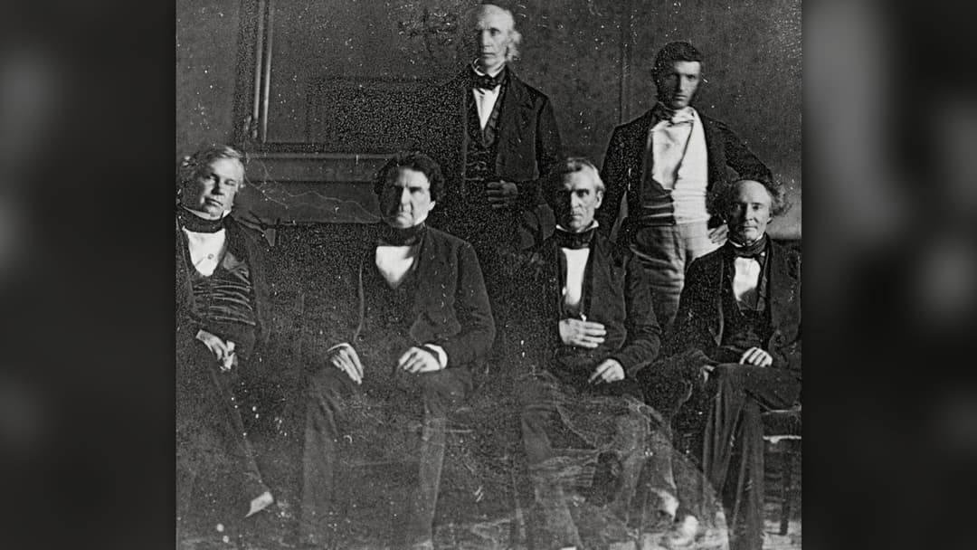 1846 daguerreotype of President James K. Polk and his cabinet in the White House State Dining Room.