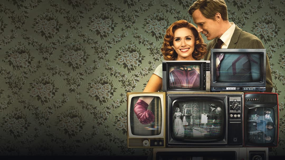 Wanda Maximoff and Vision inside their classic sitcom reality in Marvel Studios' WandaVision.