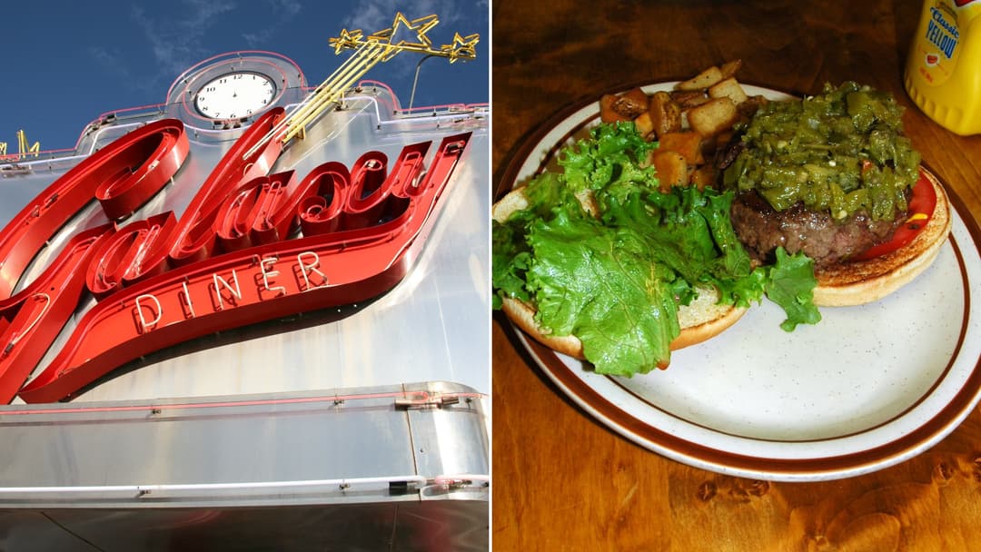 Split view of a historic Route 66 neon diner sign on the left and a classic American green chile cheeseburger on the right.
