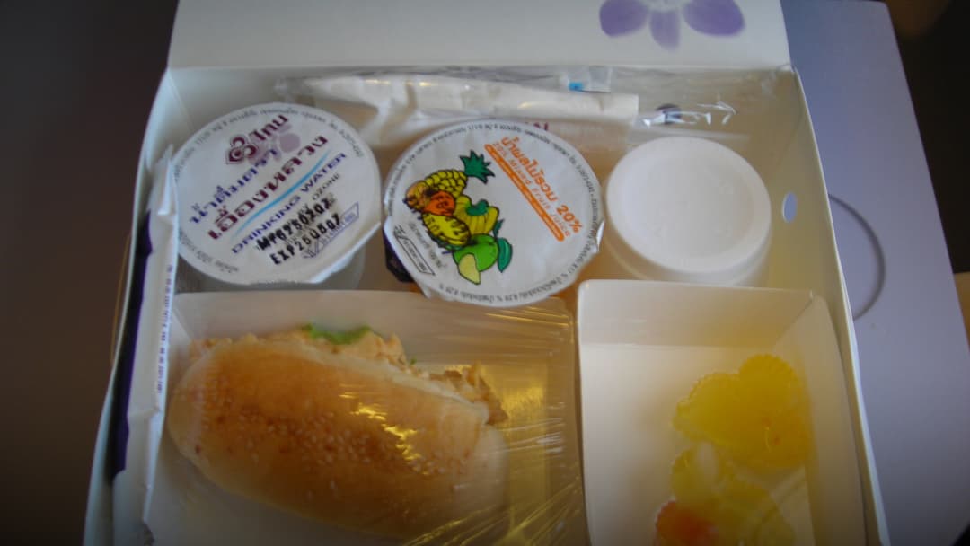In-flight meal tray on an airplane seat tray table with hot food dish.