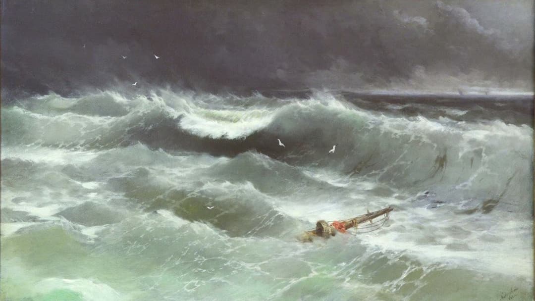 A stormy sea with towering waves and a ship in distress