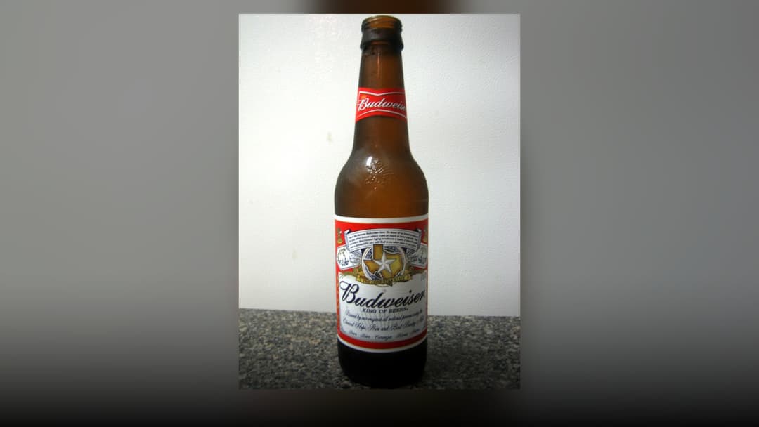 An amber glass bottle of Budweiser lager beer showcasing the iconic red, white, and blue label.