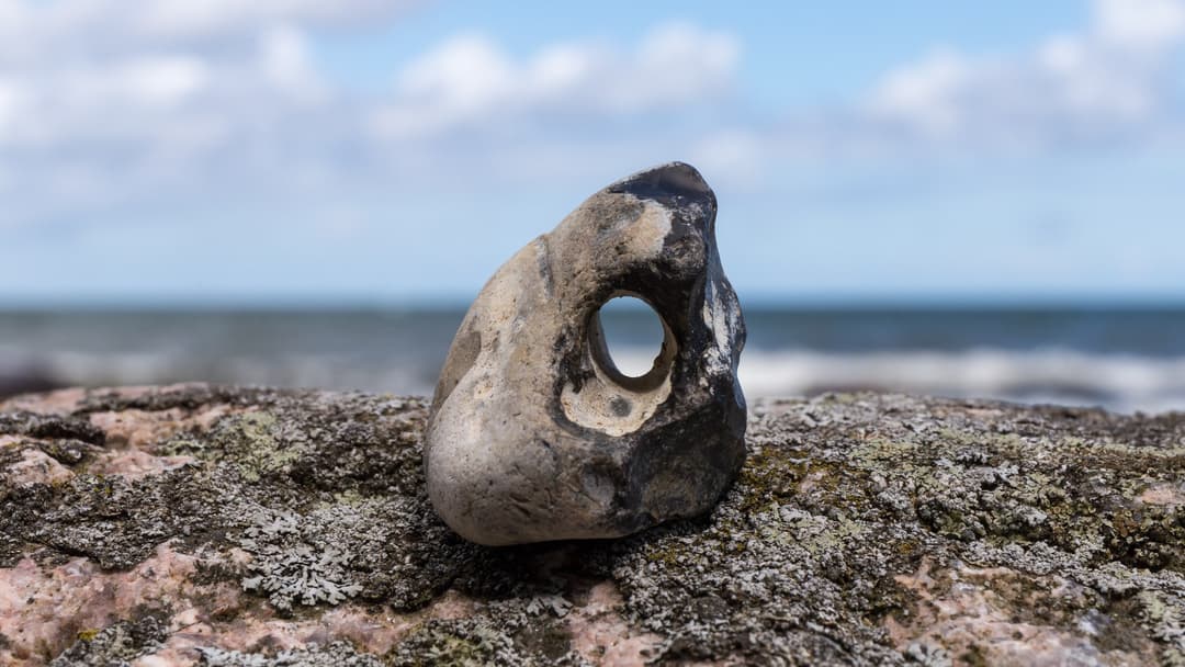 Natural flint stone with a weathered hole worn through the center