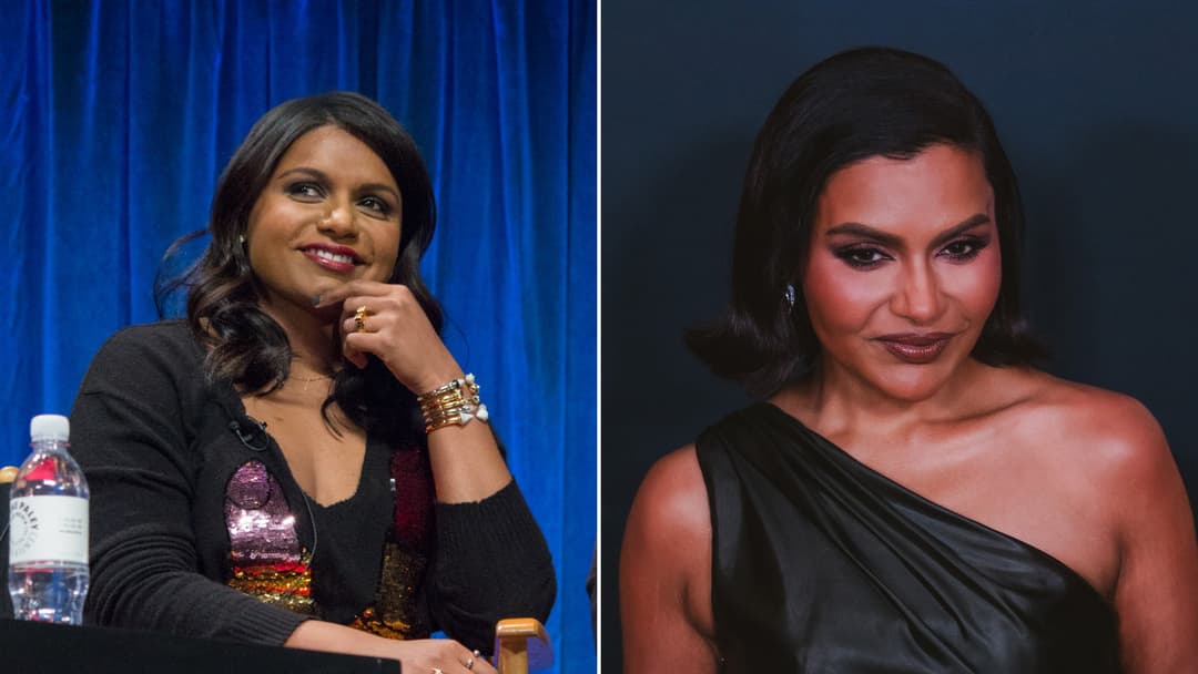 Split view of Mindy Kaling during The Mindy Project era on the left and at the 2026 WWD Style Awards on the right.