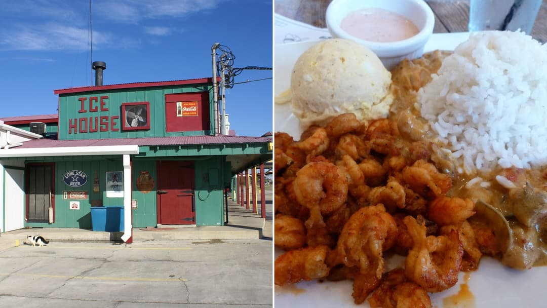 Split view of historic Breaux Bridge, Louisiana on the left and a plate of Cajun crawfish etouffee with rice on the right.